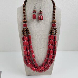 Red Stone And Brown Wood Bead Necklace And Earrings Set Bohemian